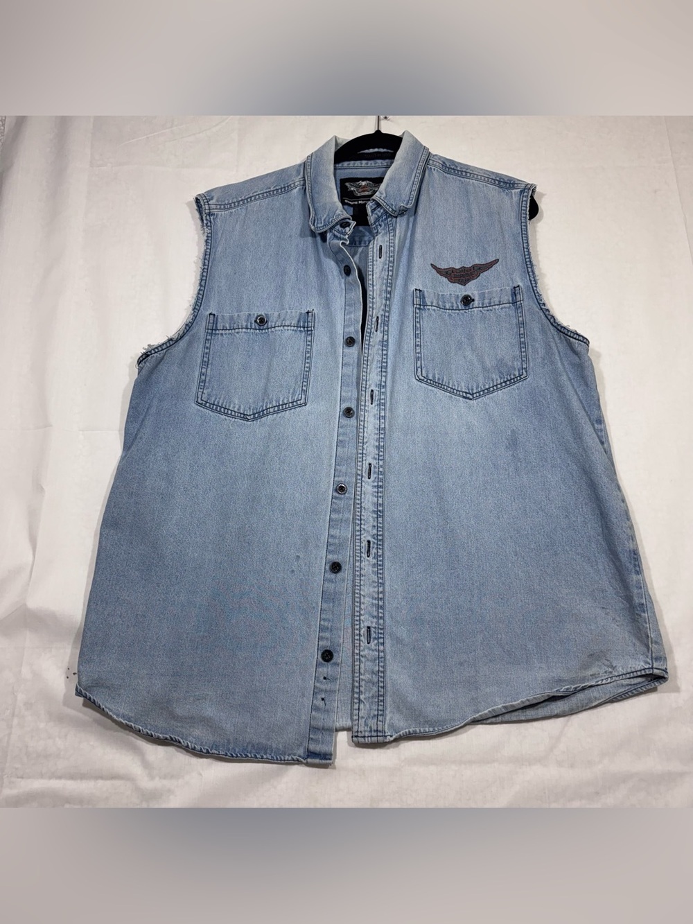 Harley Davidson Mens XL Blue Denim Sleeveless Cutoff Button Up Shirt Grunge